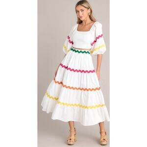 Palms Away Tiered 100% Cotton Multicolored Ric-Rac Trim Long Skirt-Size L